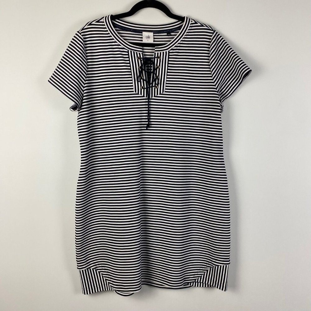 CAbi Captains Dress Size L Blue White Striped Lace-Up Shift 5268 Nautical